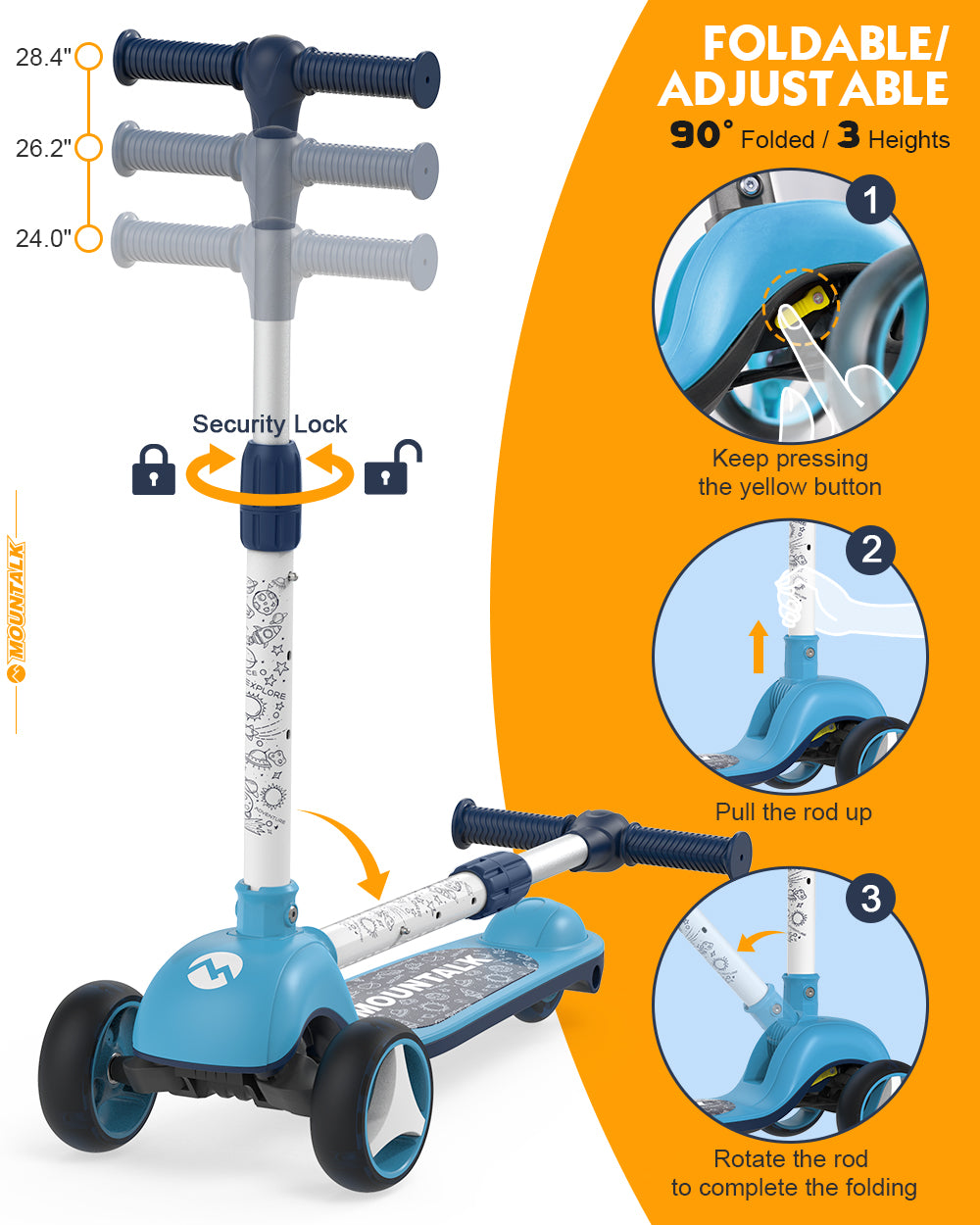 MOUNTALK 3 Wheels Foldable Kids Scooter with Adjustable Heights and LED Wheel