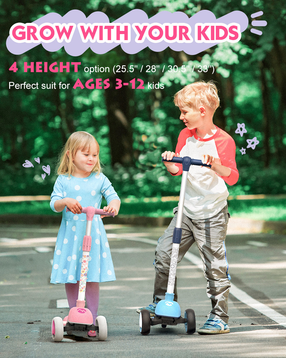 MOUNTALK 3 Wheels Foldable Kids Scooter with Adjustable Heights and LED Wheel