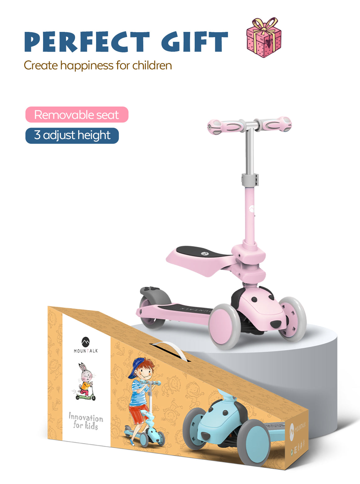 MOUNTALK 3 Wheels Foldable Kids Scooter with Adjustable Heights and LED Wheel