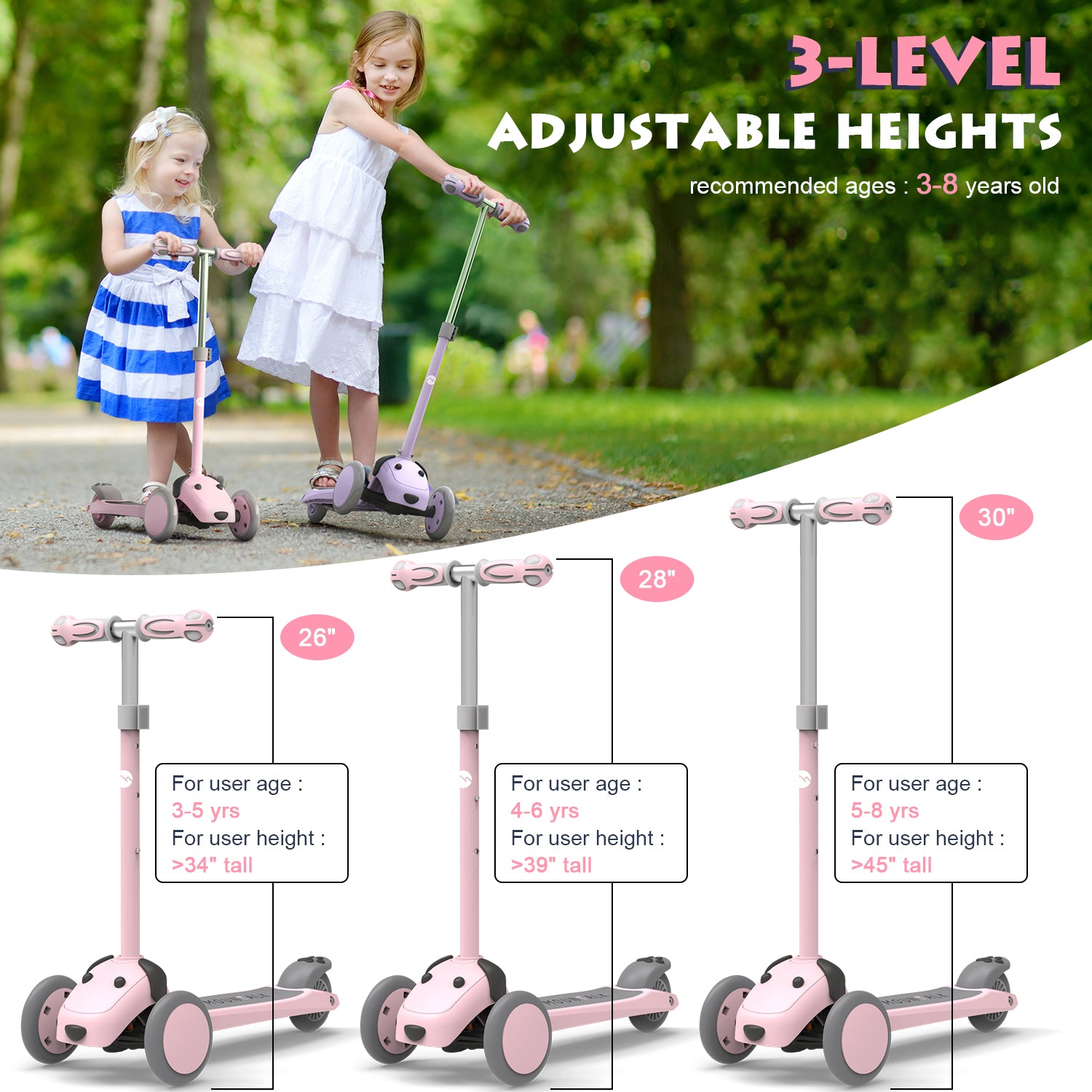 MOUNTALK 3 Wheels Foldable Kids Scooter with Adjustable Heights and LED Wheel
