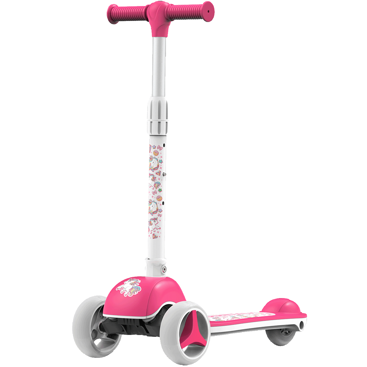 3 Wheels Foldable Kids Scooter with Adjustable Heights and LED Wheel, Unicorn, Rose Pink