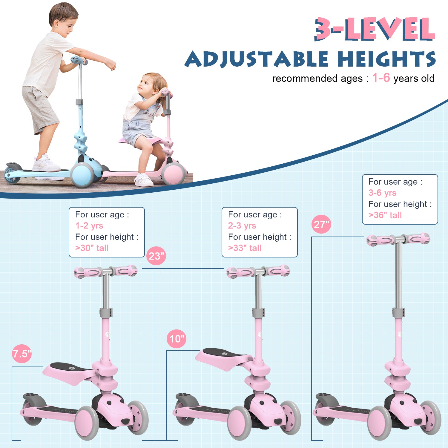 3 Wheels Foldable Kids Scooter with Seats and Adjustable Heights, Dog, Pink